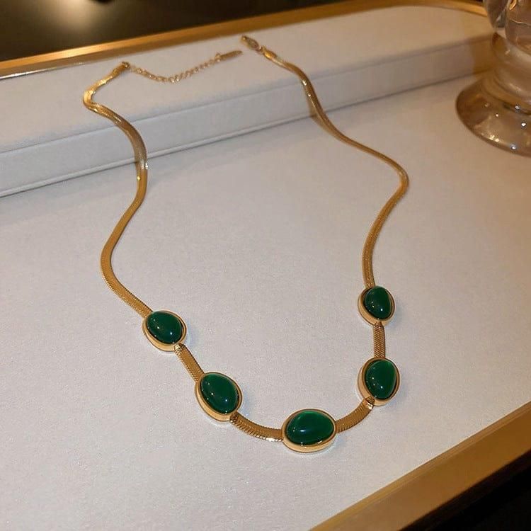 Oval Green Crystal Pendant Necklace Set With Braceletc